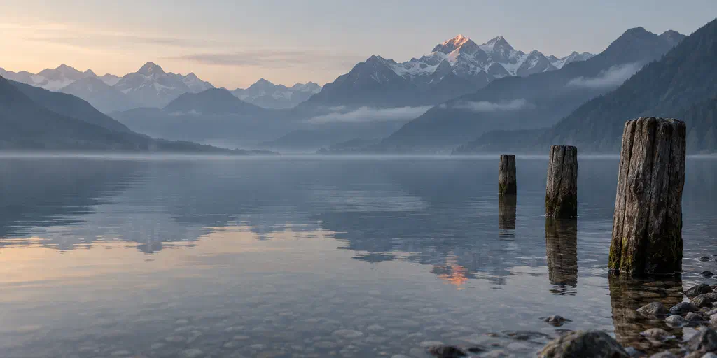 A weathered wooden post in clear lake water at dawn, with mountains rising in blue mist on the far shore.