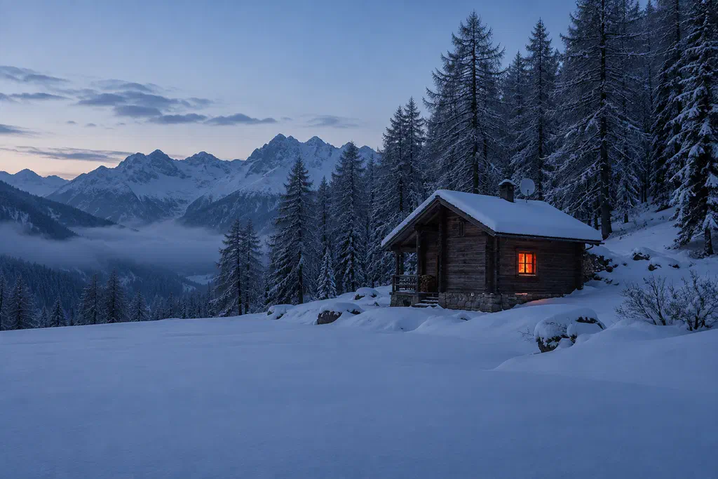 A small wooden cabin at the edge of a snowy forest at dusk, one window glowing warm.