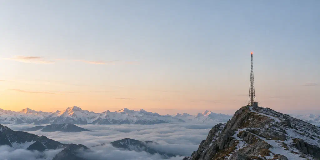 A lattice radio mast with a warm light at its tip, on a snowy summit above a sea of cloud at dawn.