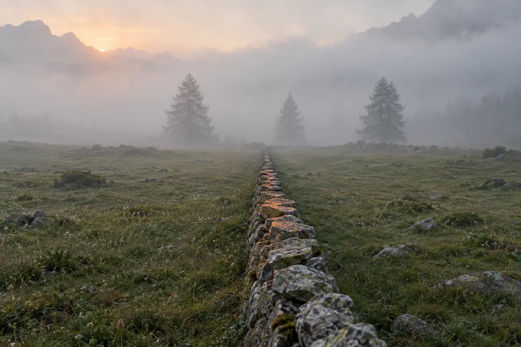 An old dry-stone wall crossing a misty mountain pasture, its top stones lit by the first sun.
