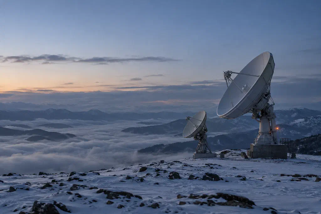 A satellite dish and a radio dish side by side on a snowy plateau at blue hour, above low cloud.